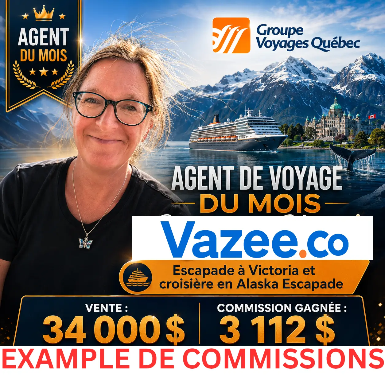 Exemple Voyage Vazee : vente de 34 000 $ et commission de 3 112 $